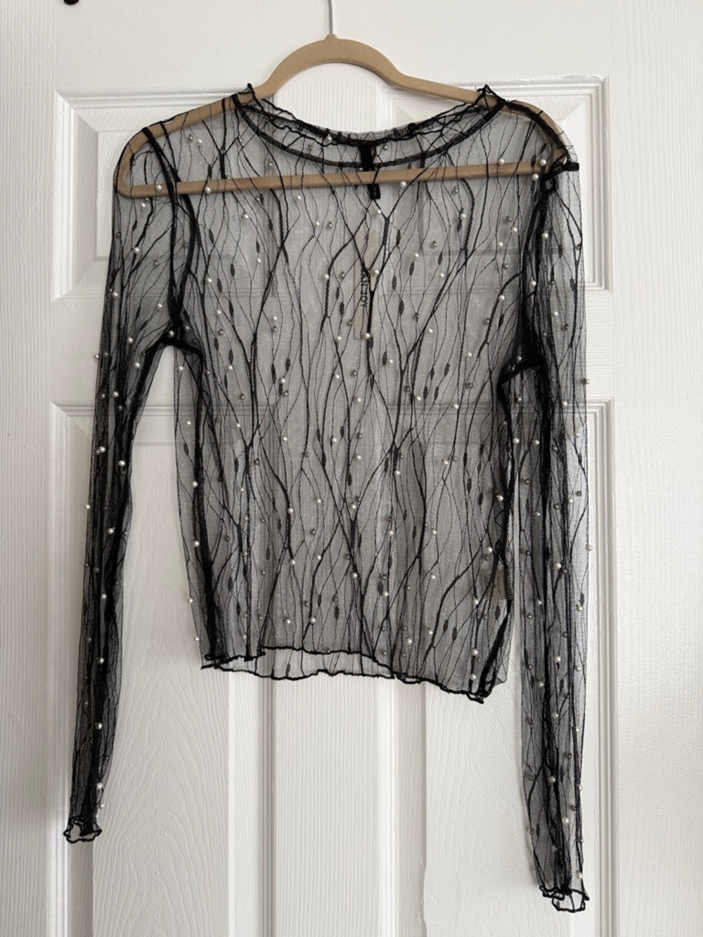 San Joy Black Sheer Pearl-Embellished Long Sleeve Top